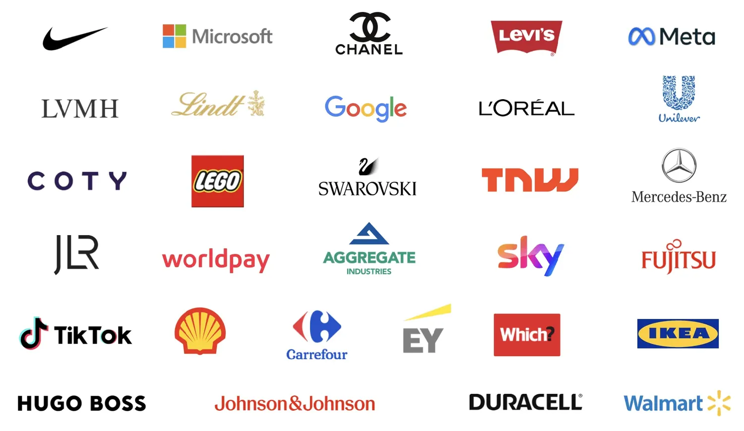 Client logos including Nike, Microsoft, Chanel, Levi's, Meta, LVMH, Lindt, Google, L'Or&eacute;al, Unilever, Coty, LEGO, Swarovski, TNW, Mercedes-Benz, Worldpay, Sky, Fujitsu, TikTok, Shell, Carrefour, EY, Which?, IKEA, Hugo Boss, Johnson & Johnson, Duracell and Walmart